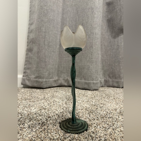 Vintage Tulip Candleholder Single Frosted Glass Flower, Green Metal Stem - Picture 5 of 12